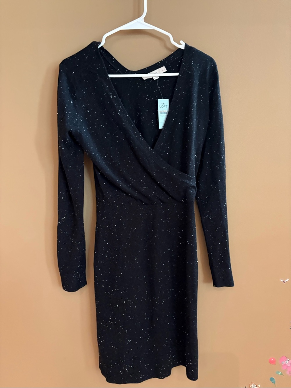 LOFT Black Sparkle Faux-Wrap Long-Sleeve Dress